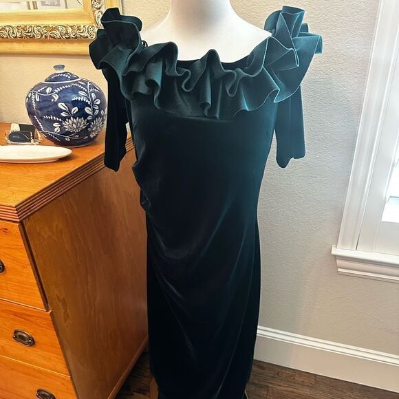 Xscape "TIFFANY" LONG VELVET 3/4 SLEEVE RUFFLE TOP DRESS - Picture 4 of 6